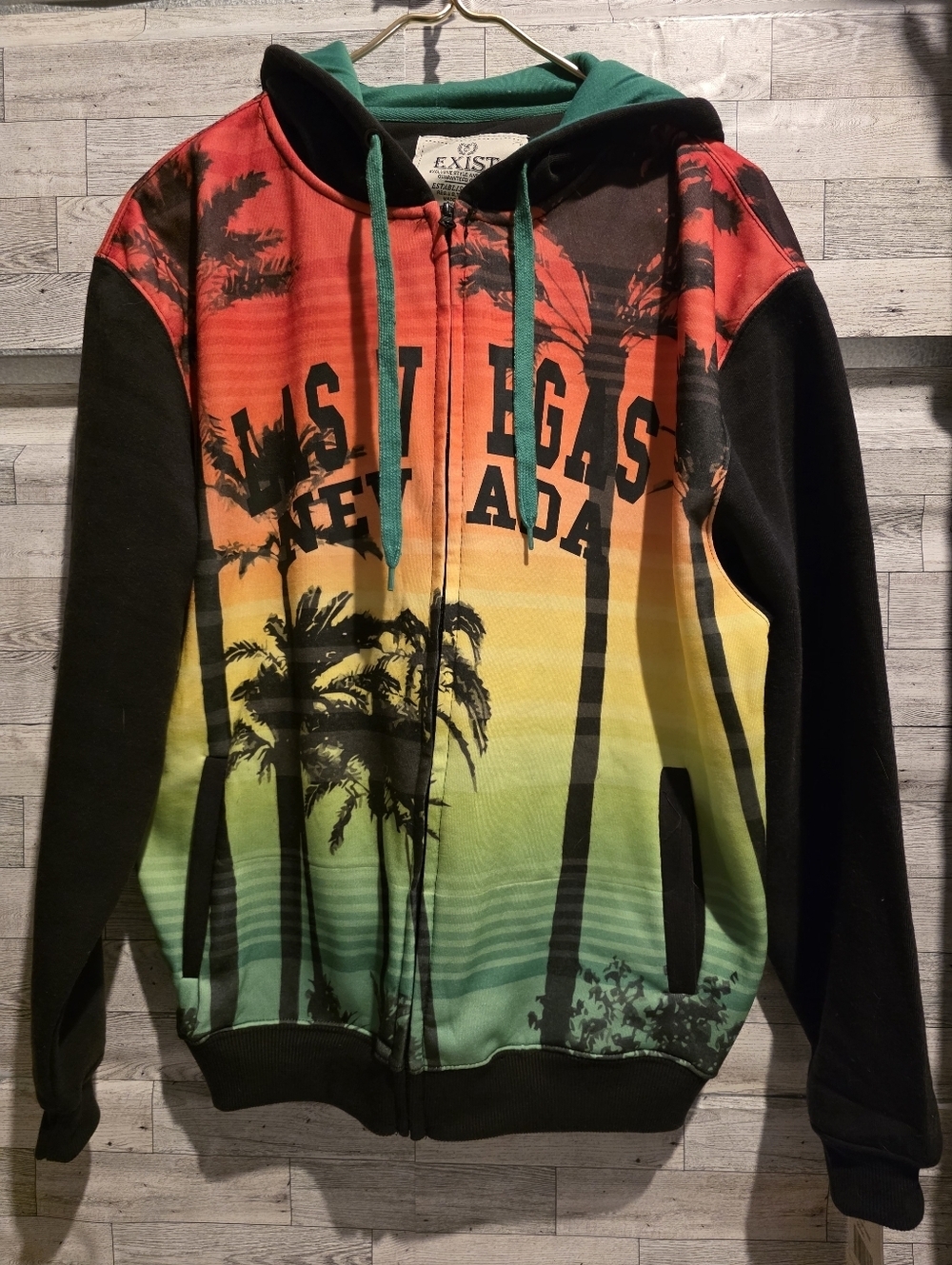 Exist Men’s Zip-Up Hoodie in Red, Yellow, Green with Palm Print